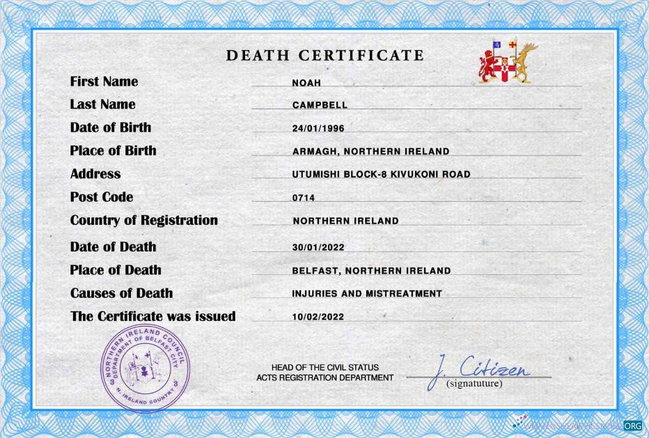 Download Northern Ireland death certificate PSD template Photoshop template